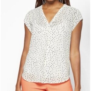 Monday Fun Lillian V Neck Blouse White Polka Dots‎ Womens Med